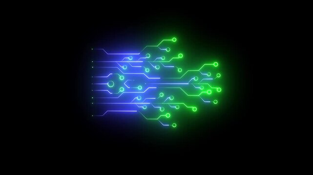 Neon circuit icon and dark background 4k motion video animation.