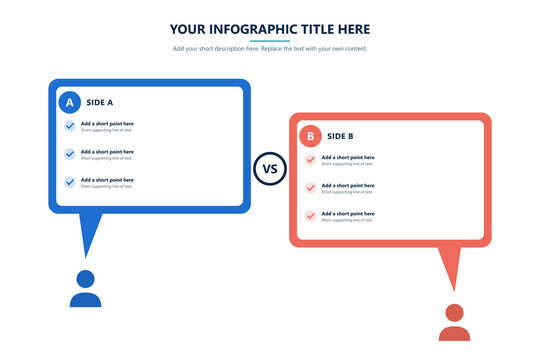 Two speech bubbles infographic template comparing side A and side B with checklists