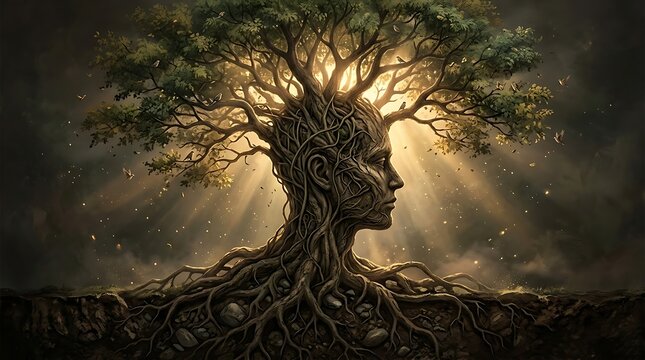Surreal human head transforming into a mature tree, symbolizing knowledge, wisdom, memory, and lifelong learning.