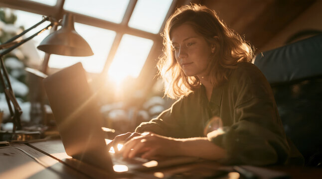 Young woman focused on laptop work in cozy sunlit home office setting