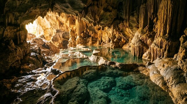Stunning Interior View of a Natural Limestone Cave Featuring Emerald Water Terrace Pools and Stalactite Formations