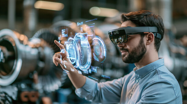 Man Using Augmented Reality Glasses to Interact with Virtual Interface in Factory
