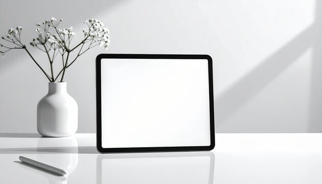 blank tablet screen in a clean product mockup setting, against minimalist white background