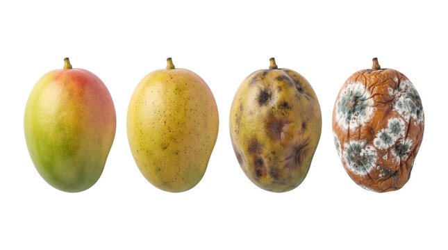Four stages of mango ripening from fresh to moldy
