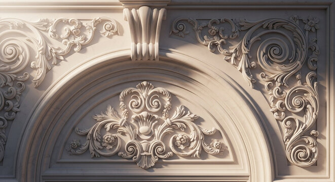 Sunlight illuminates intricate plaster carvings featuring floral scrolls and acanthus leaves located above a grand arched doorway within a historic building displaying masterful craftsmanship