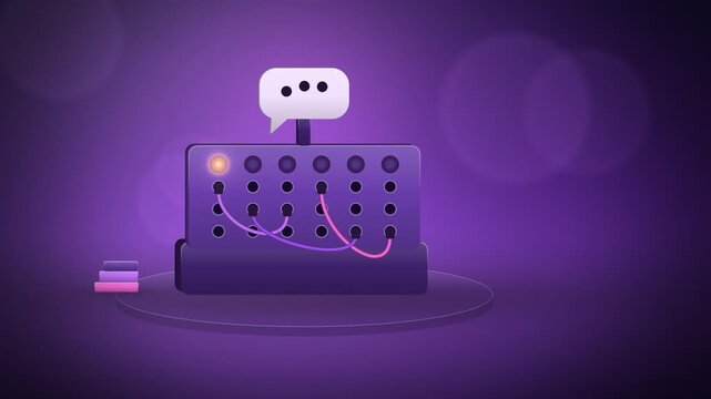 Purple operator switchboard with patch cords and lamps centered view