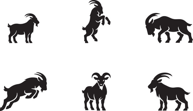 Black goat silhouette vectors set featuring farm animals in dynamic running and jumping poses.
