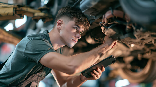 Young male mechanic inspecting car underside with digital tablet in workshop