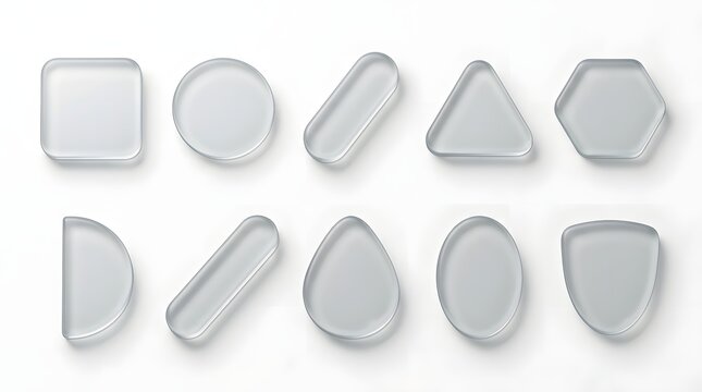 Assortment of white geometric plates in square, circle, and triangle shapes. Minimalist ceramic dishware collection for modern table setting and dinnerware design.