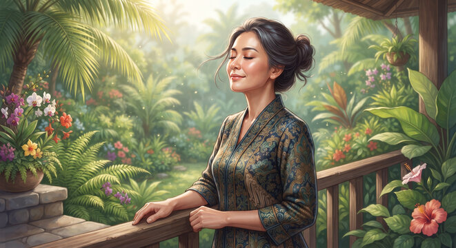 A serene Asian woman closes her eyes to enjoy fresh air on a lush tropical balcony