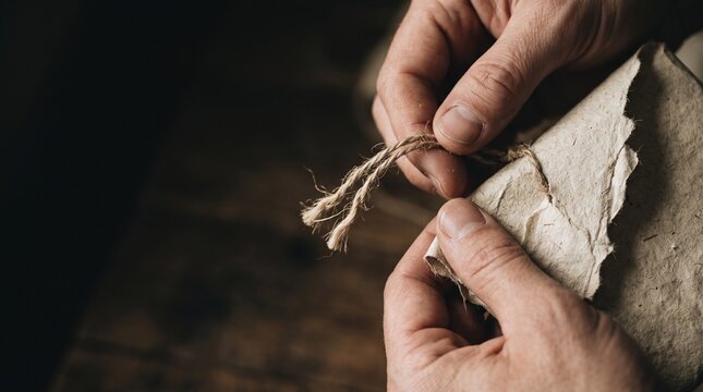 Close up of hands tying rough twine around a piece of textured paper with torn edges