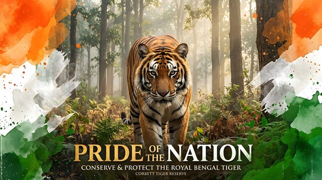 Majestic bengal tiger standing proudly against the backdrop of the indian flag