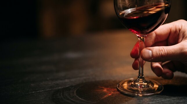 Close up of a hand holding a glass of red wine with swirling liquid and reflections on a dark surface