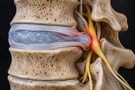 Close-up anatomical model of spinal disc pressing on nerve root. Lumbar spine structure and herniated disc detail. Back pain and nerve compression. Human anatomy and medical education