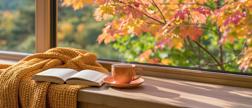 Cozy autumn morning scene with warm tea cup, open book, and blanket