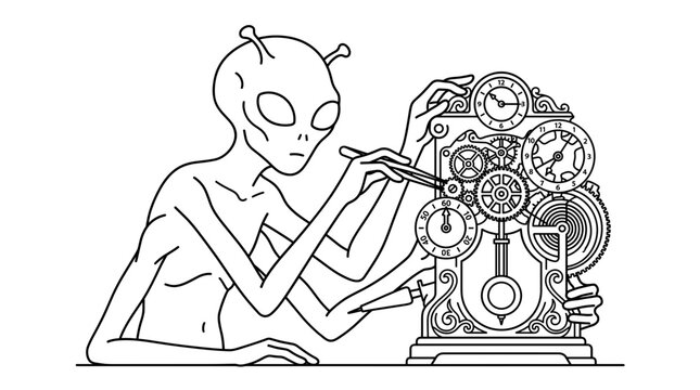 Alien character fixing intricate mechanical clock gears.