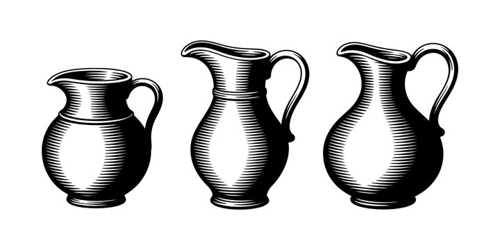 Three black and white icon vintage style ceramic pitchers or jugs