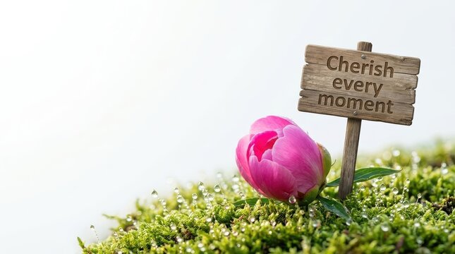 Pink flower bud on mossy ground with wooden sign