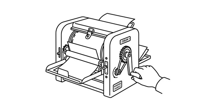 Hand cranking vintage mimeograph printing machine.