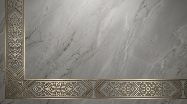 Luxury Gold Geometric Floral Border Frame on Grey Marble Background with Copy Space