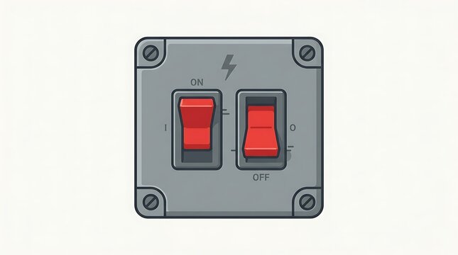 Industrial electric control panel with two red toggle switches for turning power on and off in a factory setting