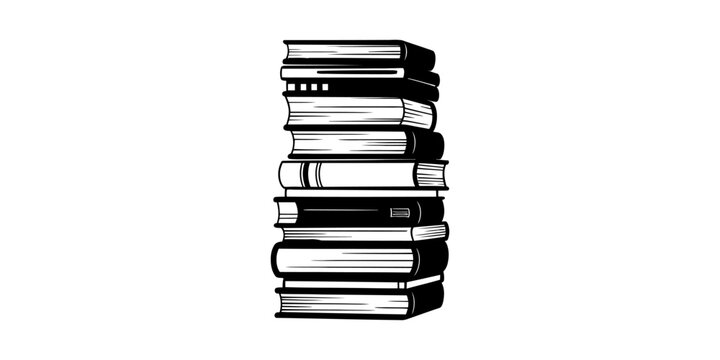 Stack of old books in a classic hand drawn black and white ink icon