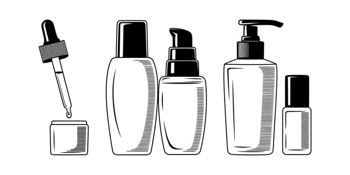Set of beauty cosmetic bottles and skincare serum dropper in black and white icon