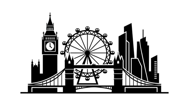 London Skyline Iconic Landmarks Silhouette with Big Wheel and Clock Tower