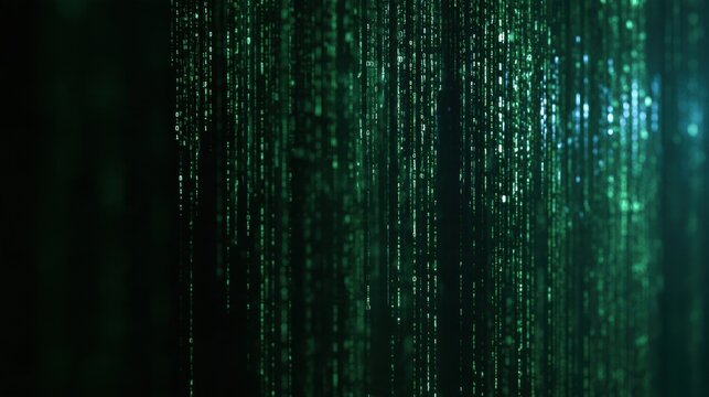 Binary numbers 0 and 1 flow in a digital pattern against a dark background.