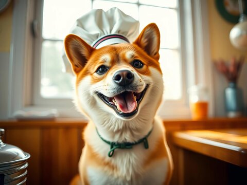 Whimsical Shiba, chef's cap askew, grins mischievously, grain-kissed vintage vibe,  film grain,  dog