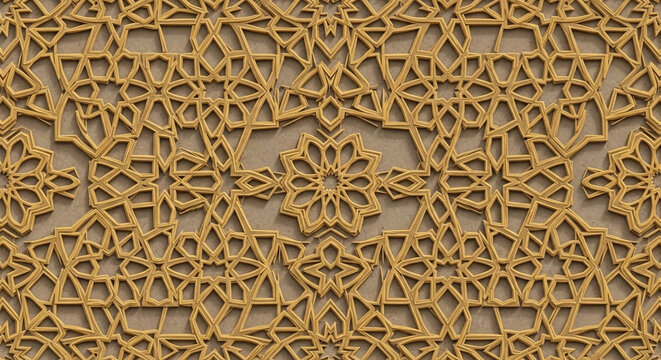 Intricate golden carvings displaying traditional middle eastern geometry showcase cultural artistry with carved relief patterns that produce a luxurious look within historic architectural