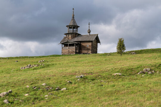 The ancient Chapel of the Savior of the Uncreated Image on Naryina hill on a September day. Kizhi, Karelia