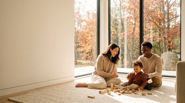 Young family playing with wooden blocks by a window with autumn trees