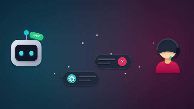 An animated graphic showing an AI chatbot and a human customer support agent interacting with digital chat bubbles representing support services.