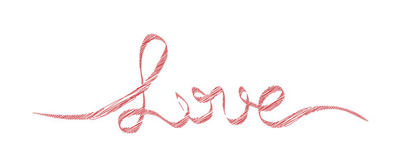 Pink love word ribbon lettering with hand drawn calligraphy script on white background. Elegant typography text design for valentine and wedding. Perfect for card, banner, and poster projects. © Sk