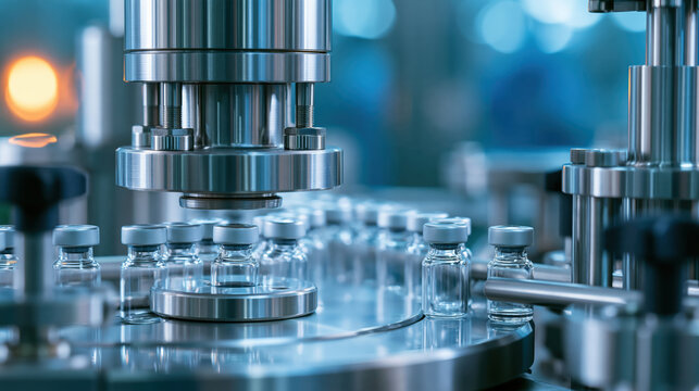 Automated pharmaceutical vial filling machine producing liquid medicine in factory