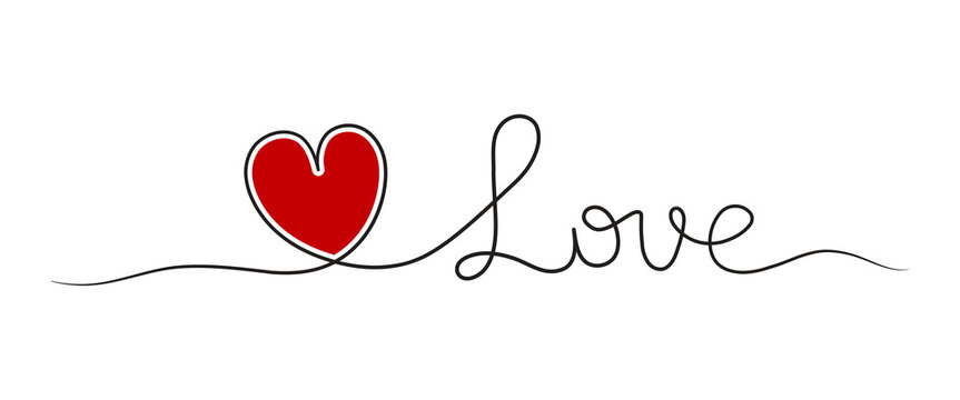Love word continuous line drawing with red heart and hand drawn script on white background. Minimal calligraphy typography design for valentine and wedding. Perfect for card and banner projects.