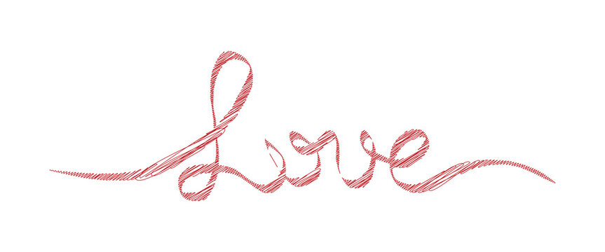 Pink love word ribbon lettering with hand drawn calligraphy script on white background. Elegant typography text design for valentine and wedding. Perfect for card, banner, and poster projects.