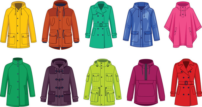 Waterproof Rainwear and Coats Vector Icon Set Featuring Classic Yellow Raincoat Trench Coat Hooded Windbreaker Poncho Anorak and Casual Outdoor Rain Jackets