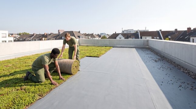 Green roof installation on a modern apartment building