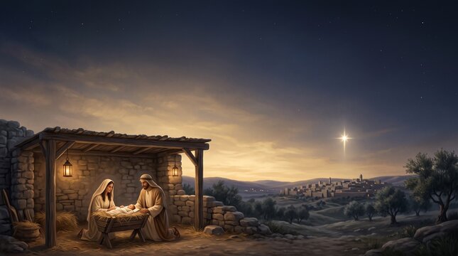 Holy family adoring baby Jesus in manger under Star of Bethlehem