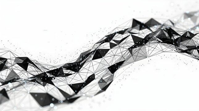 Abstract geometric wave structure made of black triangular polygons and connected lines isolated on white background