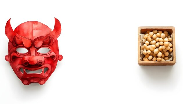 Watercolor of a red ogre mask and a wooden box of roasted soybeans