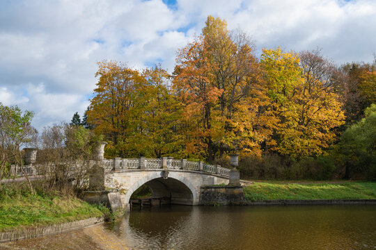 At the Viskontiev Bridge on a golden autumn. The Slavyanka river in Pavlovsk park