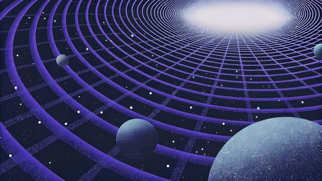 Gravitational spacetime curvature grid in cosmos. Theoretical physics relativity theory. Planet spheres warping purple coordinate matrix around black hole