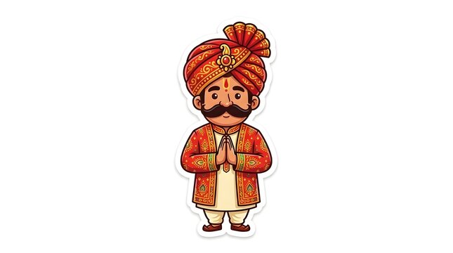 Vibrant Cartoon Illustration of a Friendly Indian Man in Traditional Red Turban and Sherwani Performing a Welcoming Namaste Greeting Gesture.