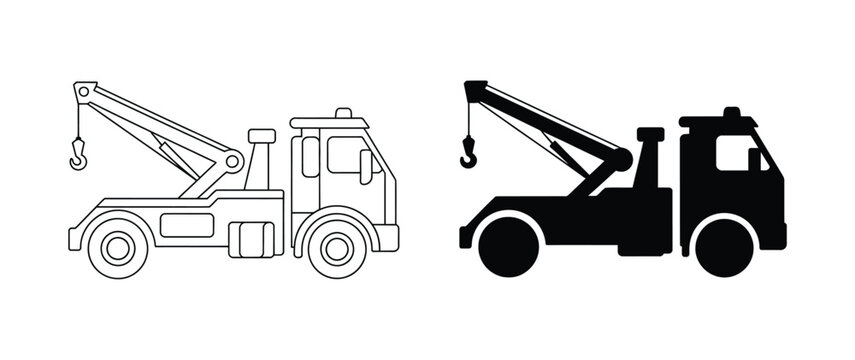 Tow truck icon set, vehicle recovery service symbol, roadside assistance, emergency transportation, car breakdown support, automotive services, editable vector design element
