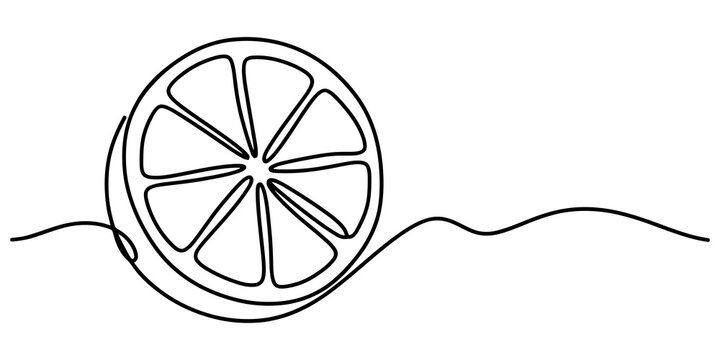 Citrus fruit orange slice drawn in continuous line style black ink outline design for organic food logo branding graphics.