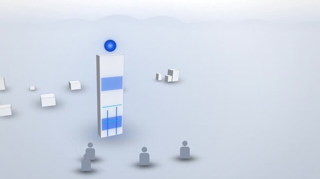 Glowing superintelligence monolith above people icons wide scene