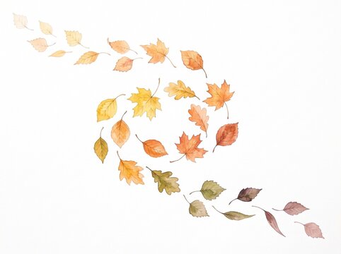 Watercolor illustration of various autumn leaves swirling in a diagonal pattern on white background with collection colorful autumn